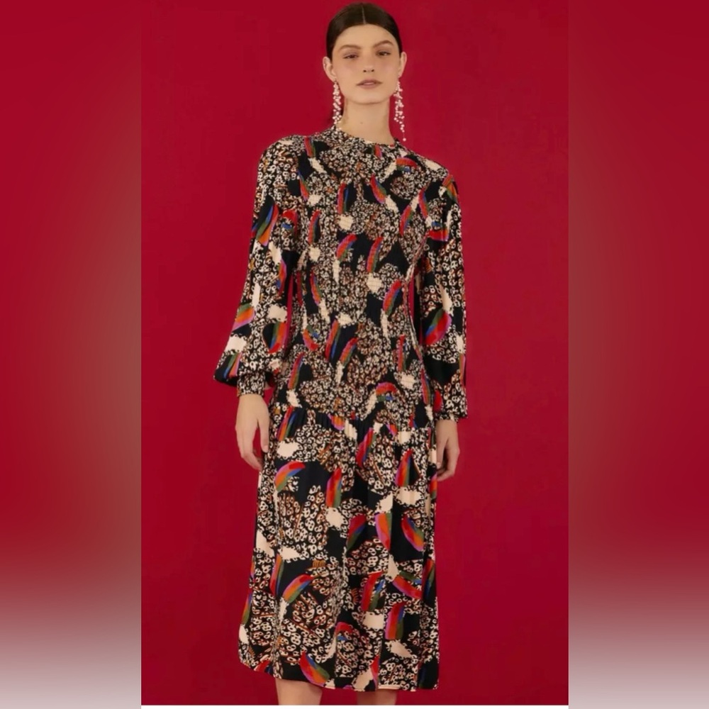 FARM Rio Anthropologie smocked Toucan  MIDI Dress Small Medium Large 40” bust